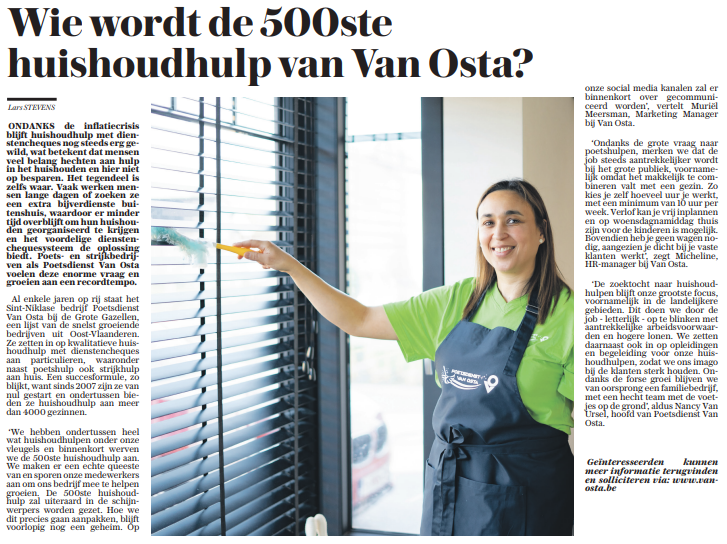 Wie wordt de 500ste huishoudhulp van Van Osta?